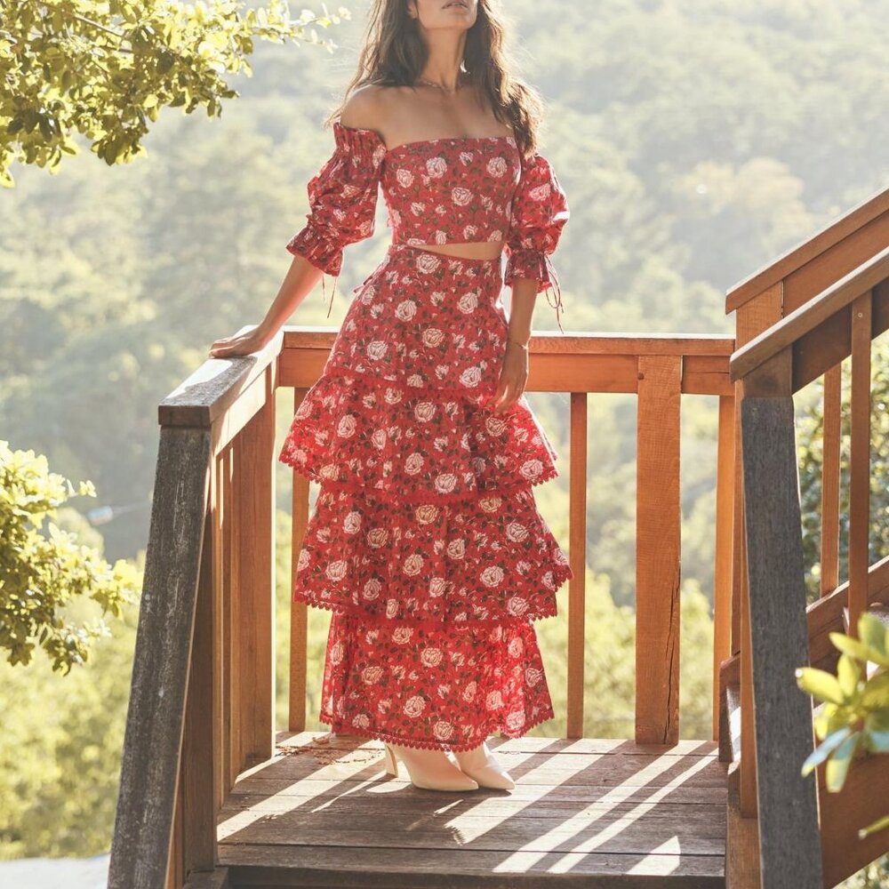 Casey Puff Sleeve Top - Scarlet/Ivory Rose Floral